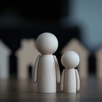 Two wooden figures standing in front of blurred house silhouettes on a dark background.