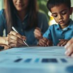 A family gathers around a table reviewing important financial documents, symbolizing planning, education, and financial responsibility.